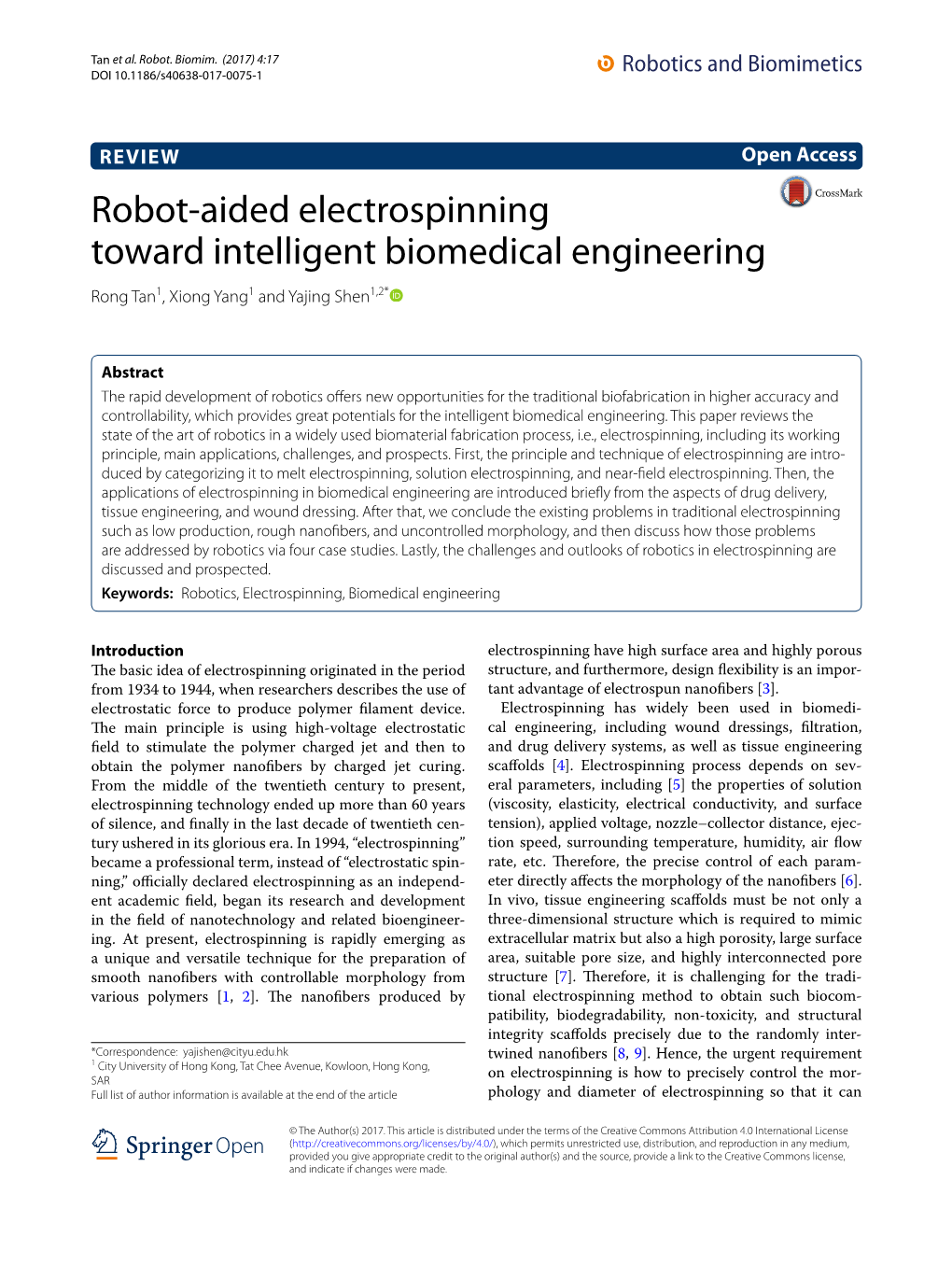 Robot-Aided Electrospinning Toward Intelligent Biomedical Engineering