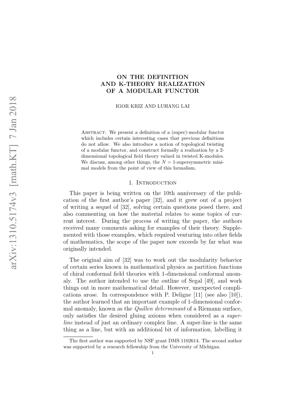 On the Definition and K-Theory Realization of a Modular Functor