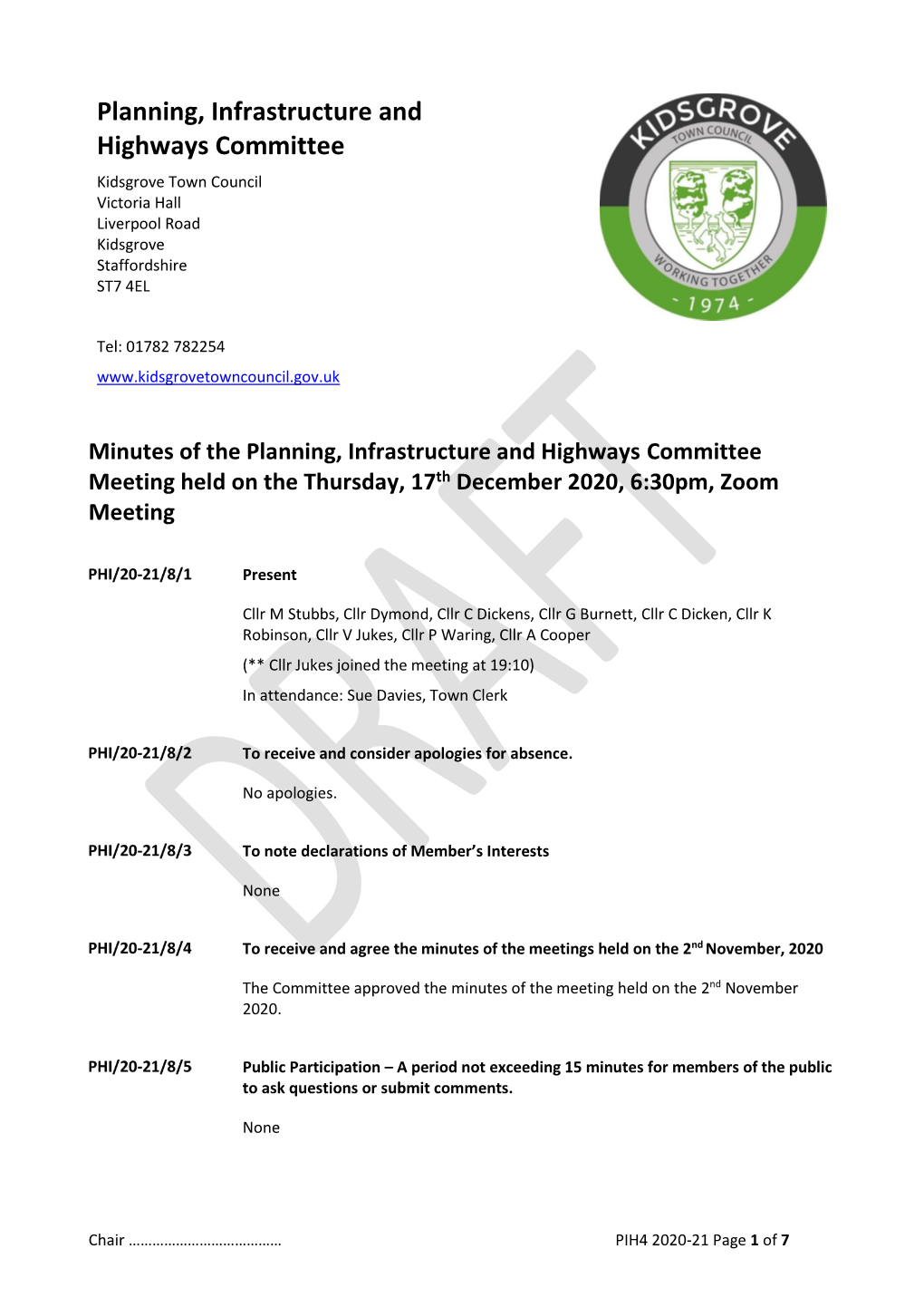 Planning, Infrastructure and Highways Committee Kidsgrove Town Council Victoria Hall Liverpool Road Kidsgrove Staffordshire ST7 4EL