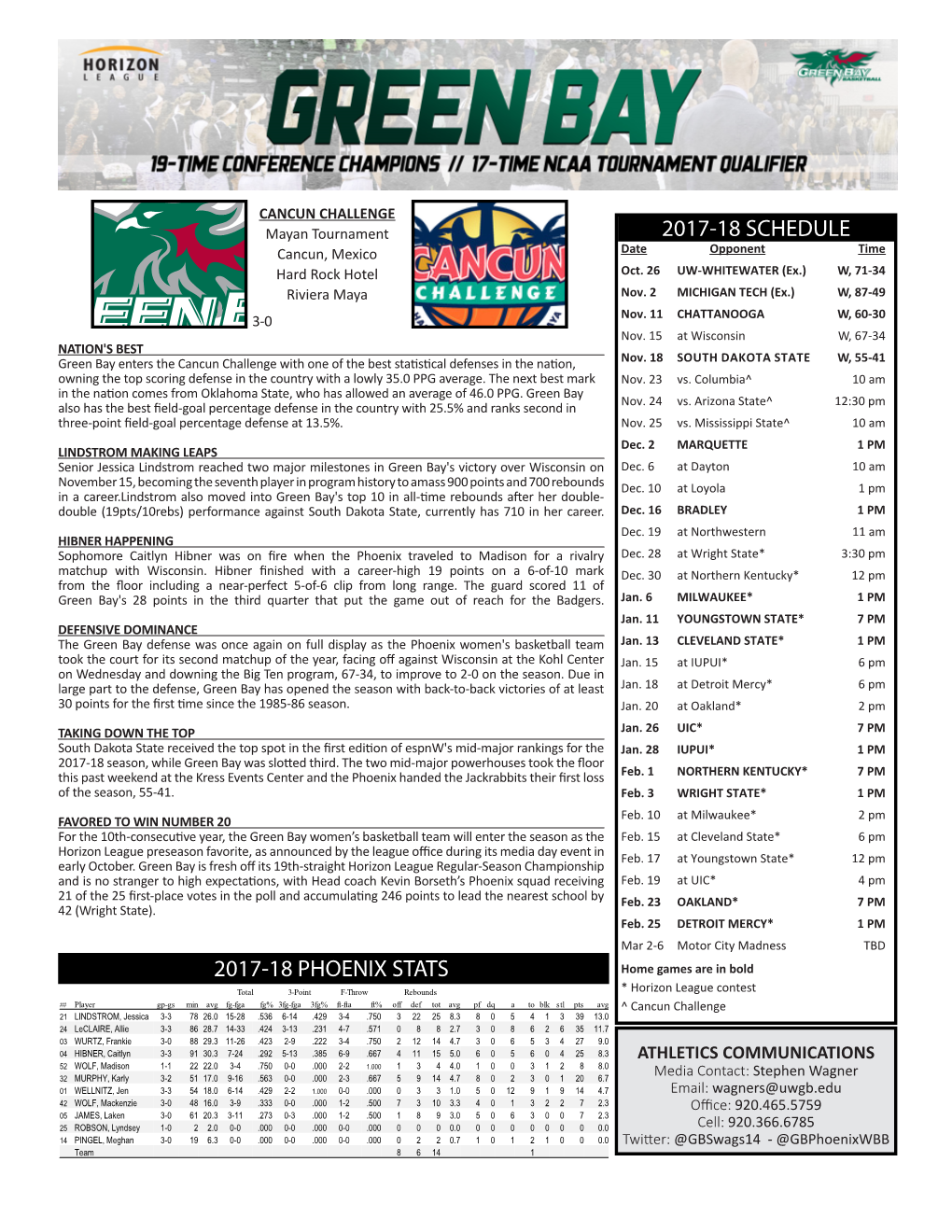 2017-18 Phoenix Stats 2017-18 Schedule