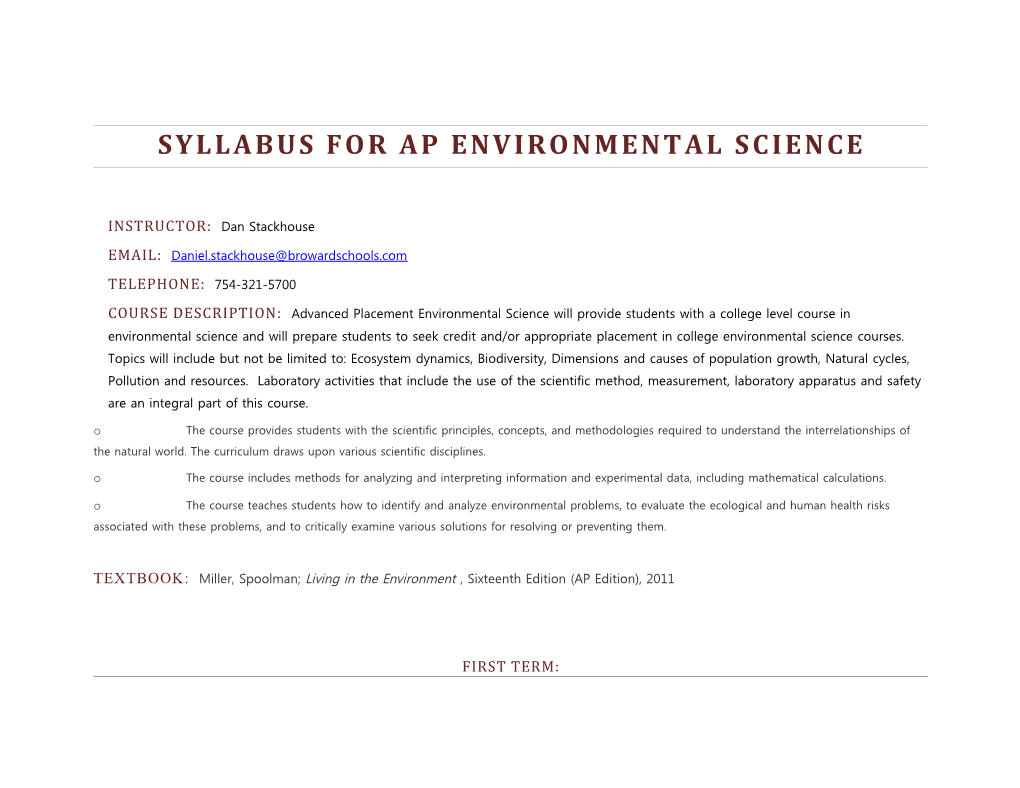 Syllabus for AP Environmental Science