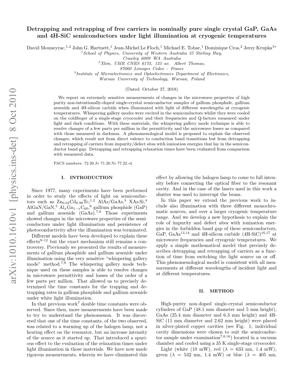 Arxiv:1010.1610V1 [Physics.Ins-Det] 8 Oct 2010 Ai Mouneyrac, David Emndtetm Osat O H Rpigadde- and Illumination