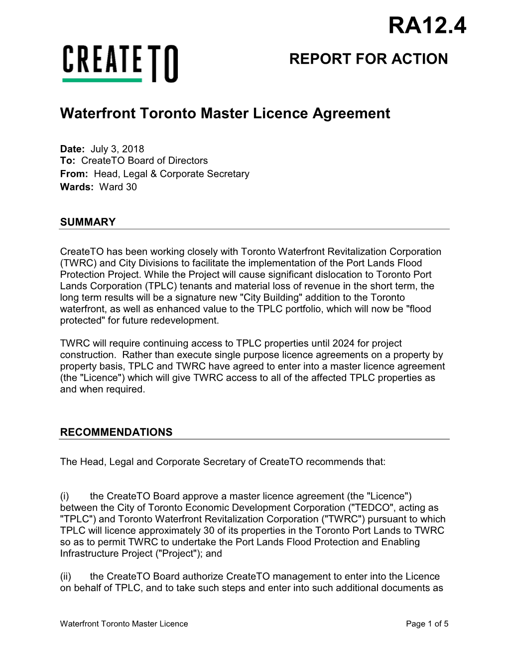 Waterfront Toronto Master Licence Agreement