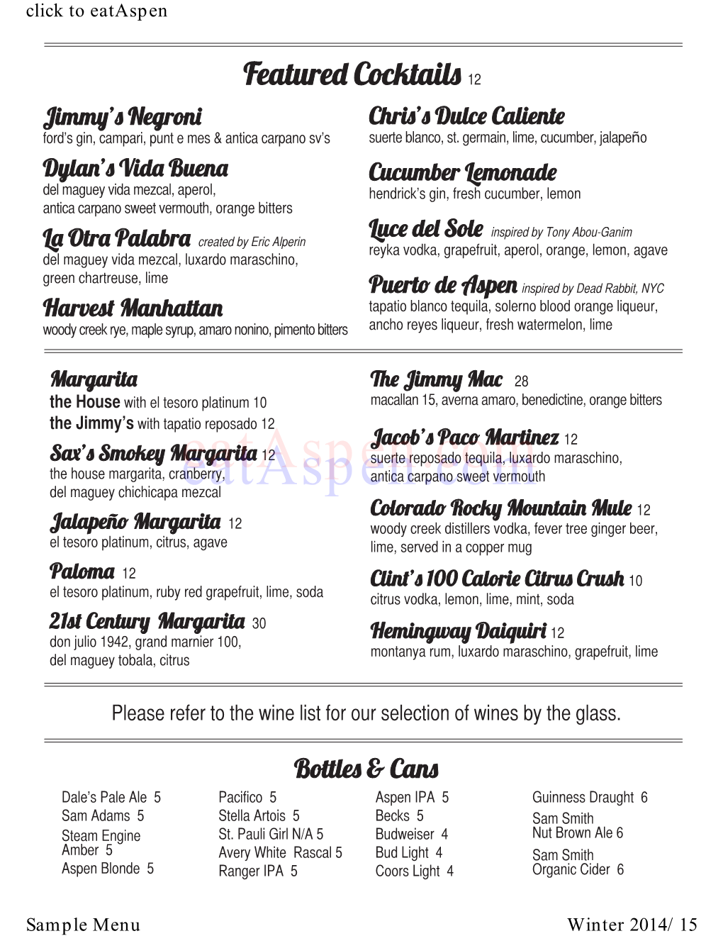 Jimmys Cocktail Menu