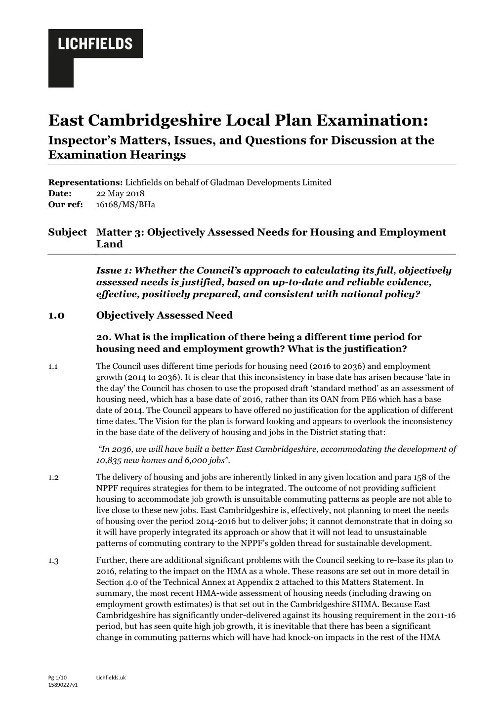 East Cambridgeshire Local Plan Examination: Inspector’S Matters, Issues, and Questions for Discussion at the Examination Hearings