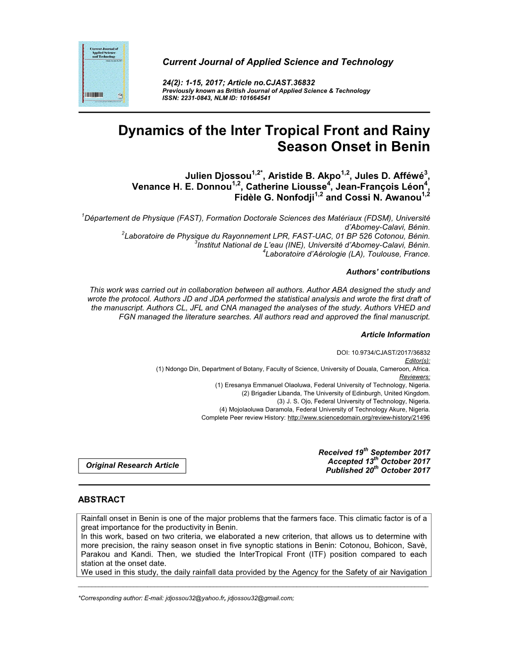 Dynamics of the Inter Tropical Front and Rainy Season Onset in Benin