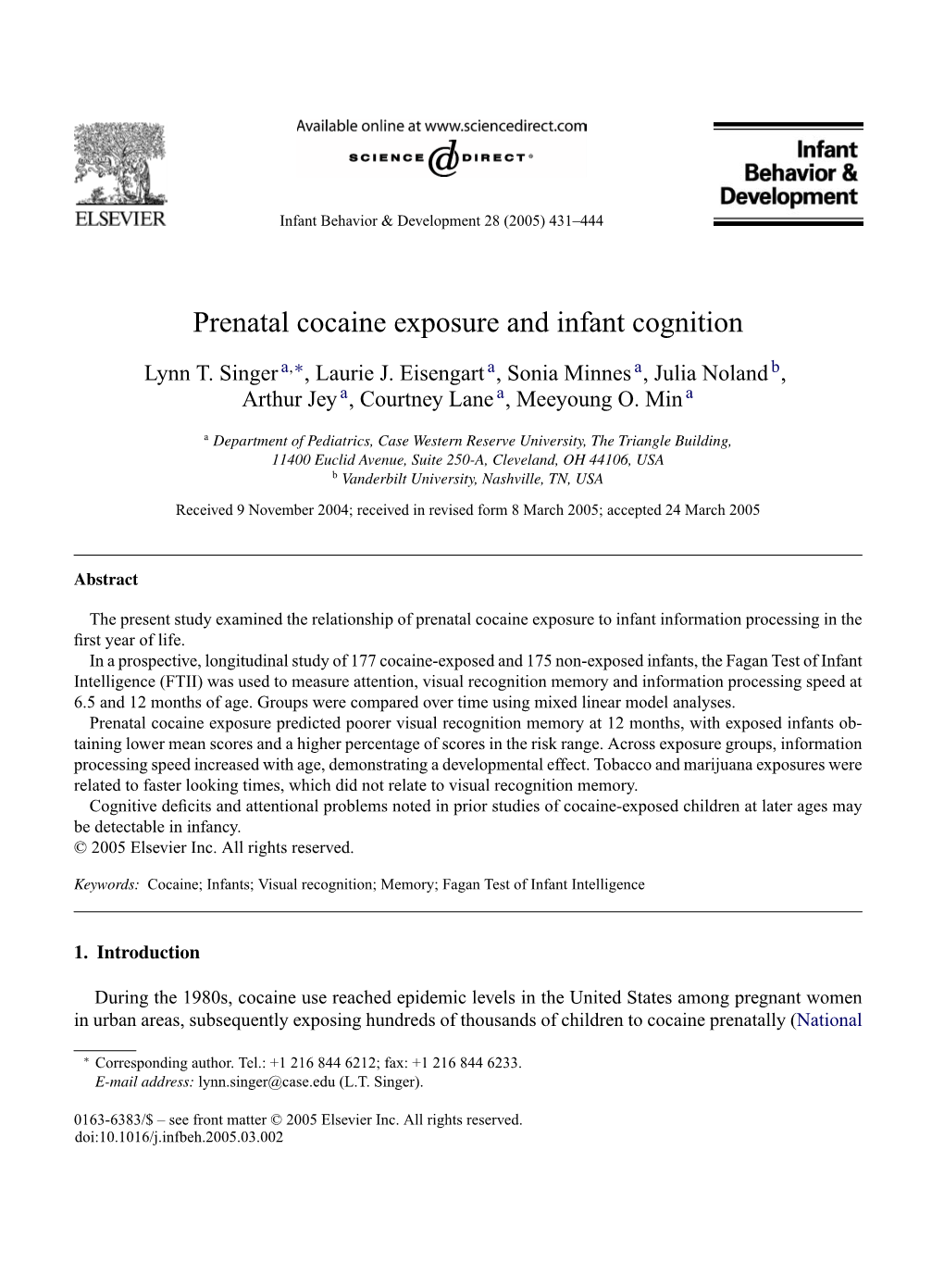 Prenatal Cocaine Exposure and Infant Cognition