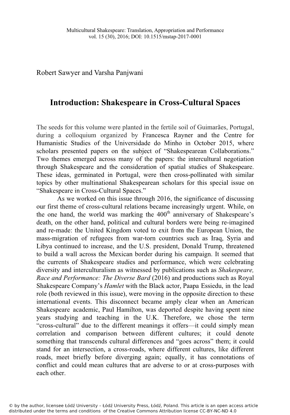 Introduction: Shakespeare in Cross-Cultural Spaces