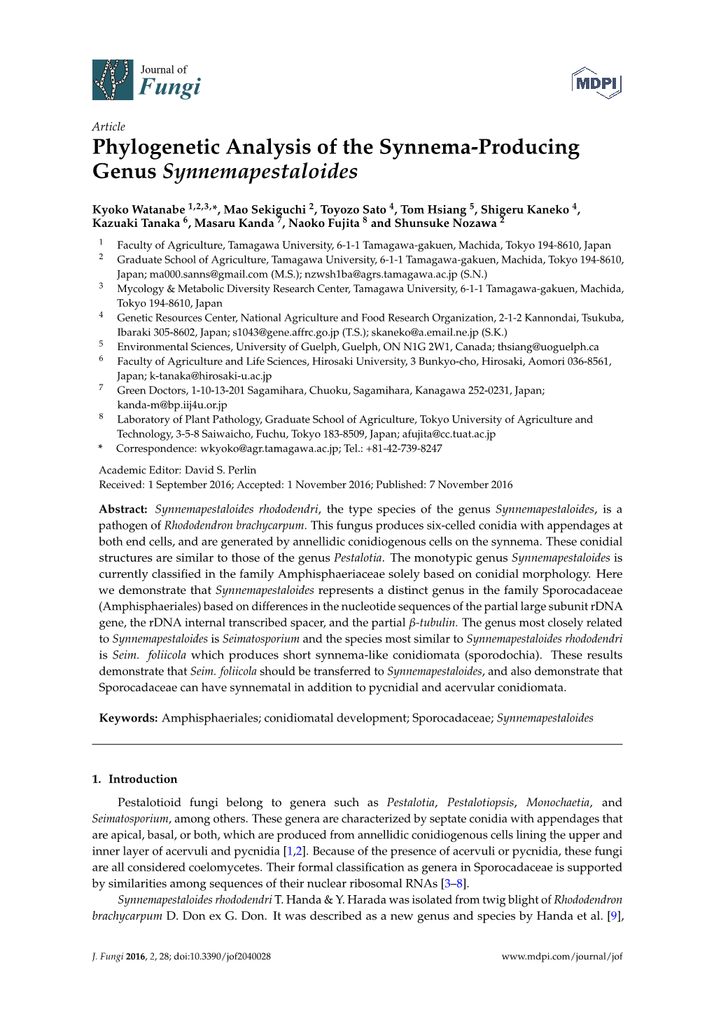 Phylogenetic Analysis of the Synnema-Producing Genus Synnemapestaloides