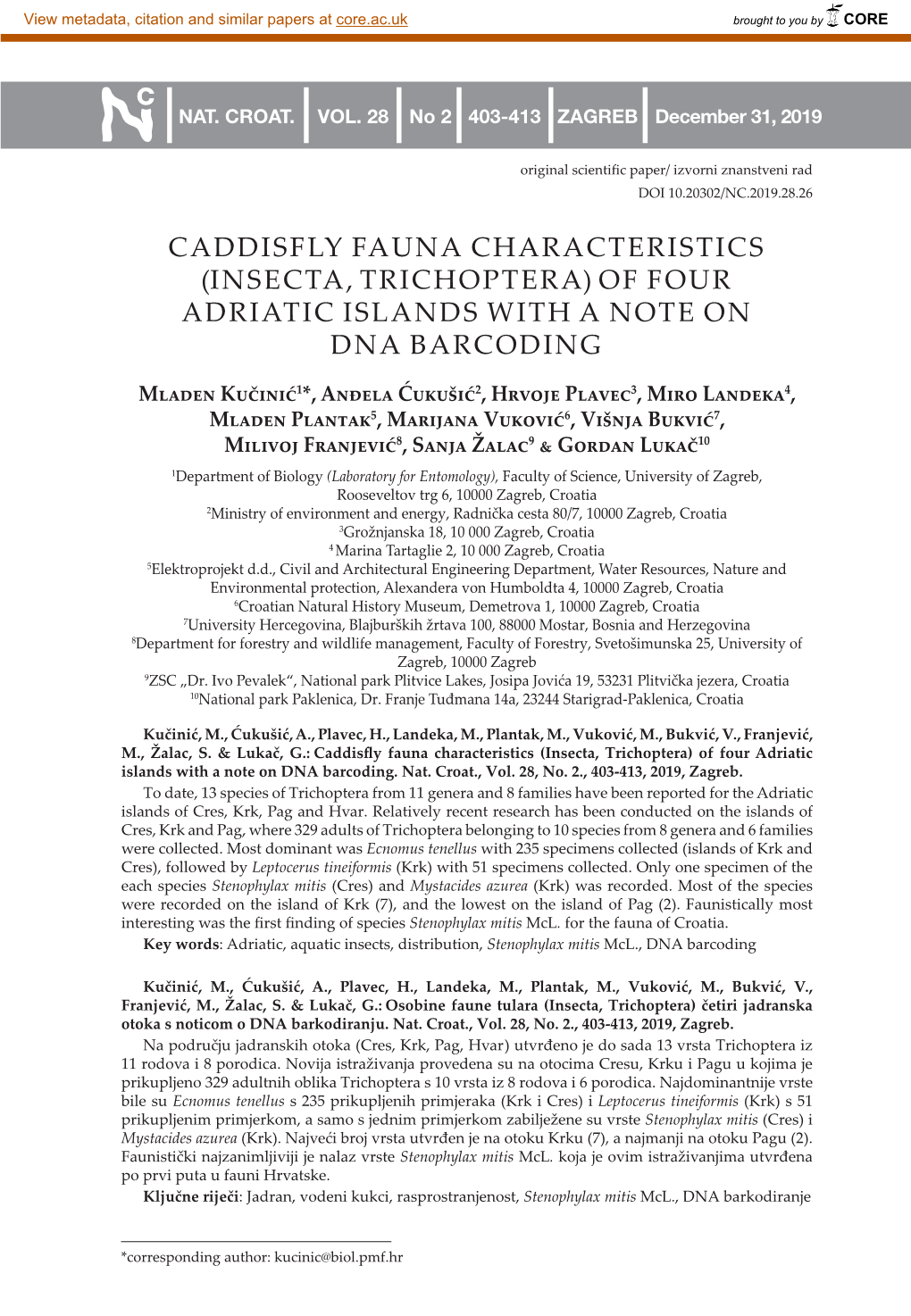 (Insecta, Trichoptera) of Four Adriatic Islands with a Note on Dna Barcoding