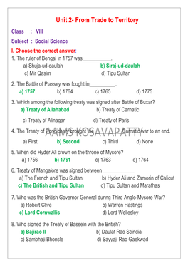 Unit 2- from Trade to Territory Class : VIII Subject : Social Science I