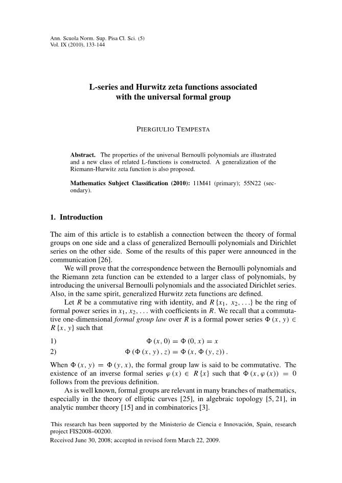 L-Series and Hurwitz Zeta Functions Associated with the Universal Formal Group