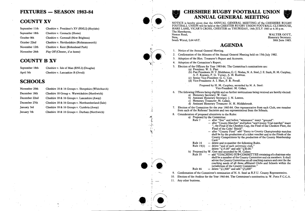 Fixtures - Season 1983-84 