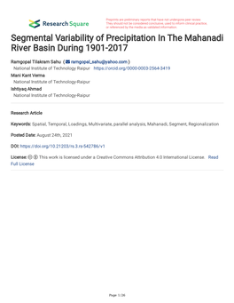 Segmental Variability of Precipitation in the Mahanadi River Basin During 1901-2017