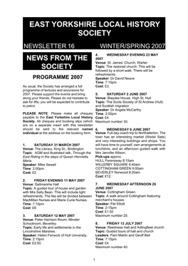 East Yorkshire Local History Society Newsletter 16 Winter/Spring 2007