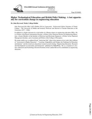 Higher Technological Education and British Policy Making: a Lost Opportunity for Curriculum Change in Engineering Education?