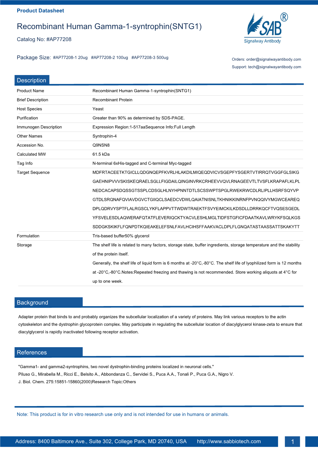 Recombinant Human Gamma-1-Syntrophin(SNTG1)