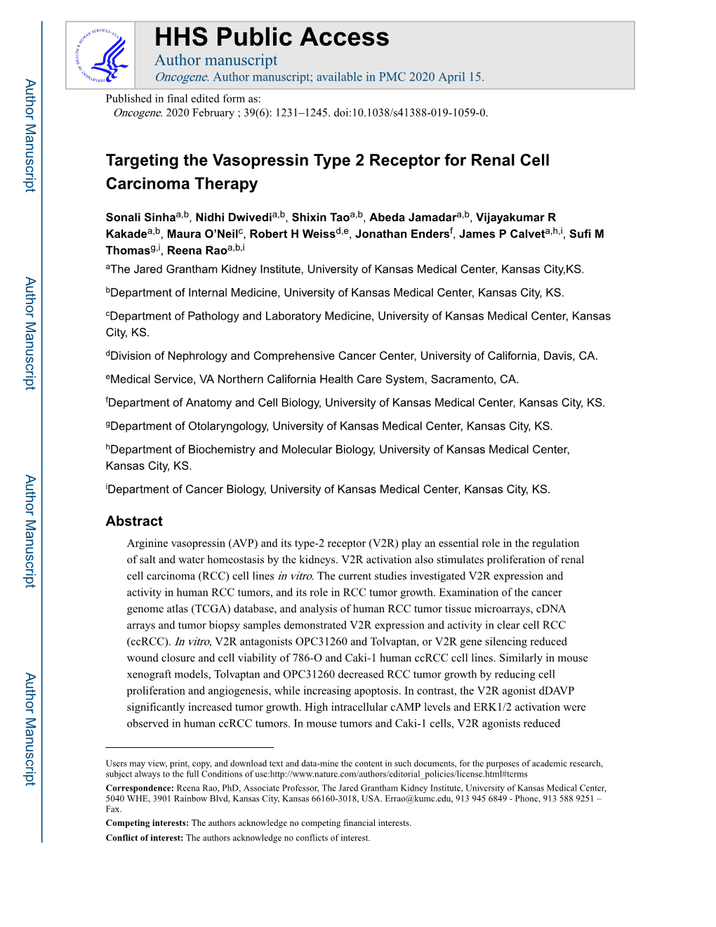 Targeting the Vasopressin Type 2 Receptor for Renal Cell Carcinoma Therapy