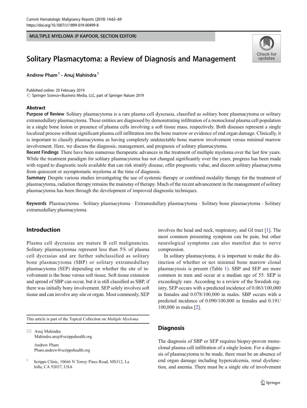 Solitary Plasmacytoma: a Review of Diagnosis and Management