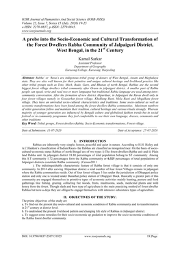 A Probe Into the Socio-Economic and Cultural Transformation of the Forest Dwellers Rabha Community of Jalpaiguri District, West Bengal, in the 21St Century
