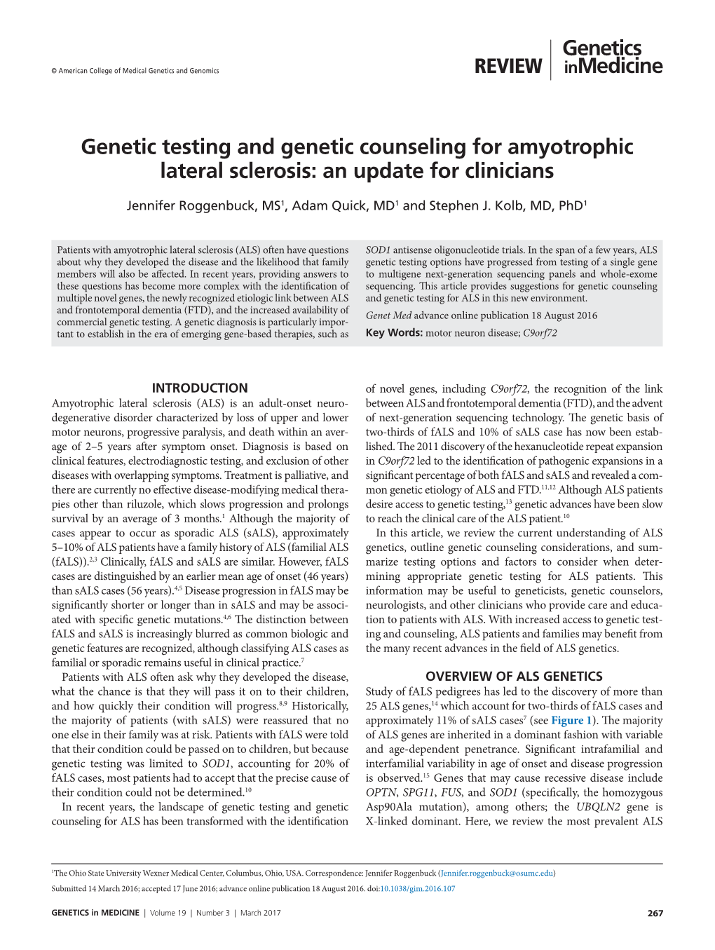 Genetic Testing and Genetic Counseling for Amyotrophic Lateral Sclerosis: an Update for Clinicians