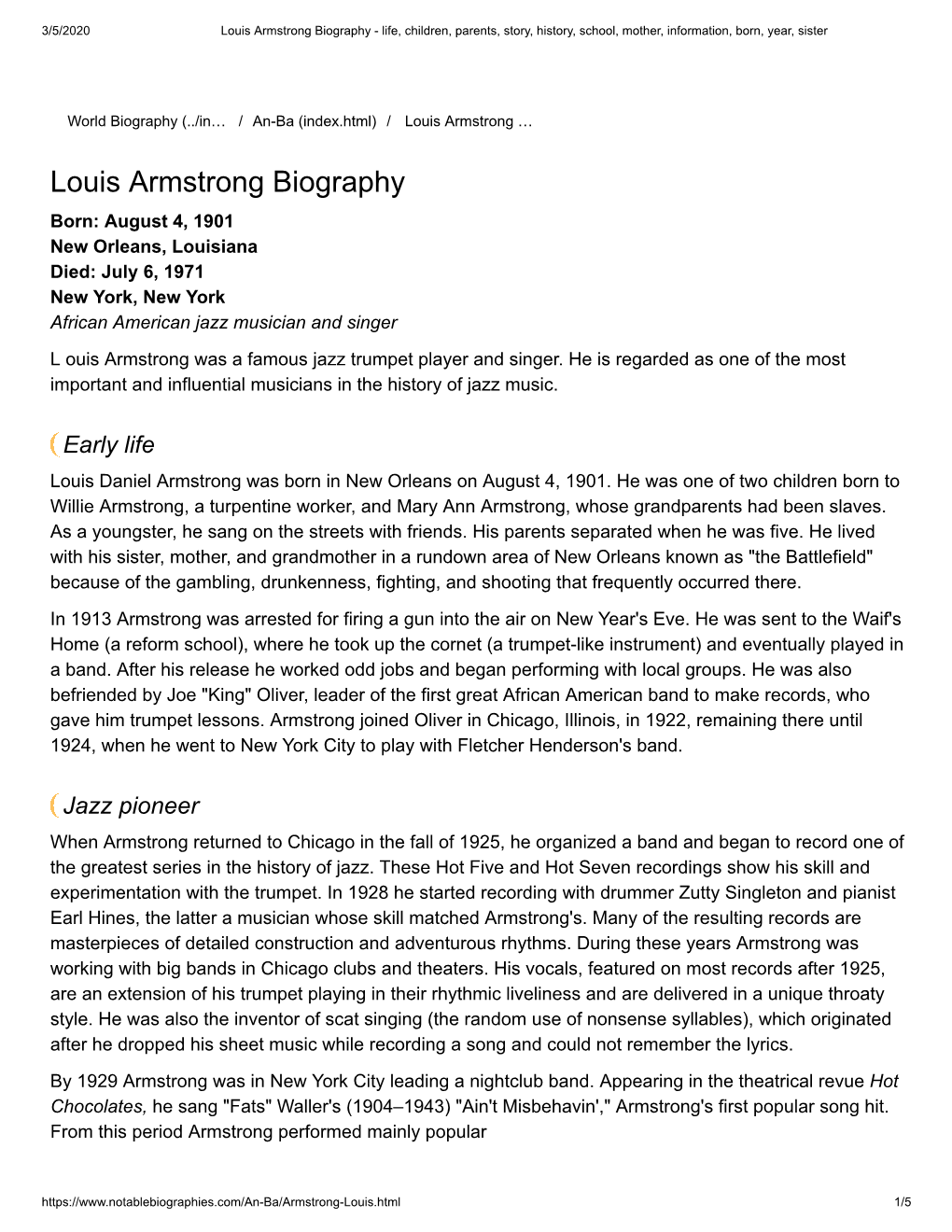 Louis Armstrong Biography - Life, Children, Parents, Story, History, School, Mother, Information, Born, Year, Sister