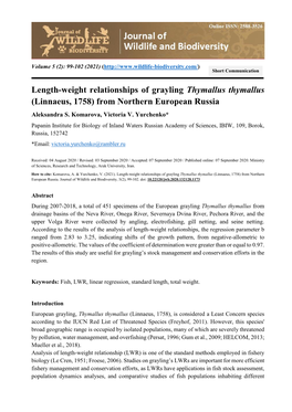 Length-Weight Relationships of Grayling Thymallus Thymallus (Linnaeus, 1758) from Northern European Russia Aleksandra S