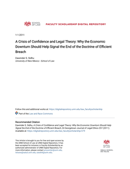 A Crisis of Confidence and Legal Theory: Why the Economic Downturn Should Help Signal the End of the Doctrine of Efficient Breach