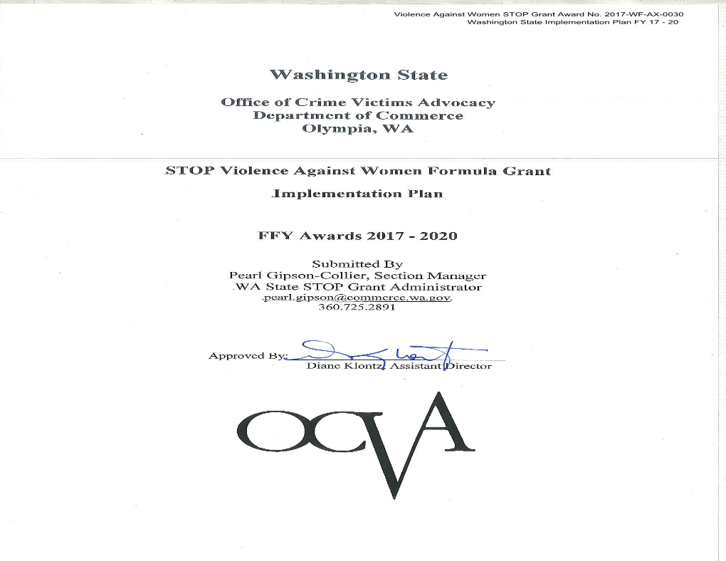 Washington State Implementation Plan FY 17 - 20 Violence Against Women STOP Grant Award No