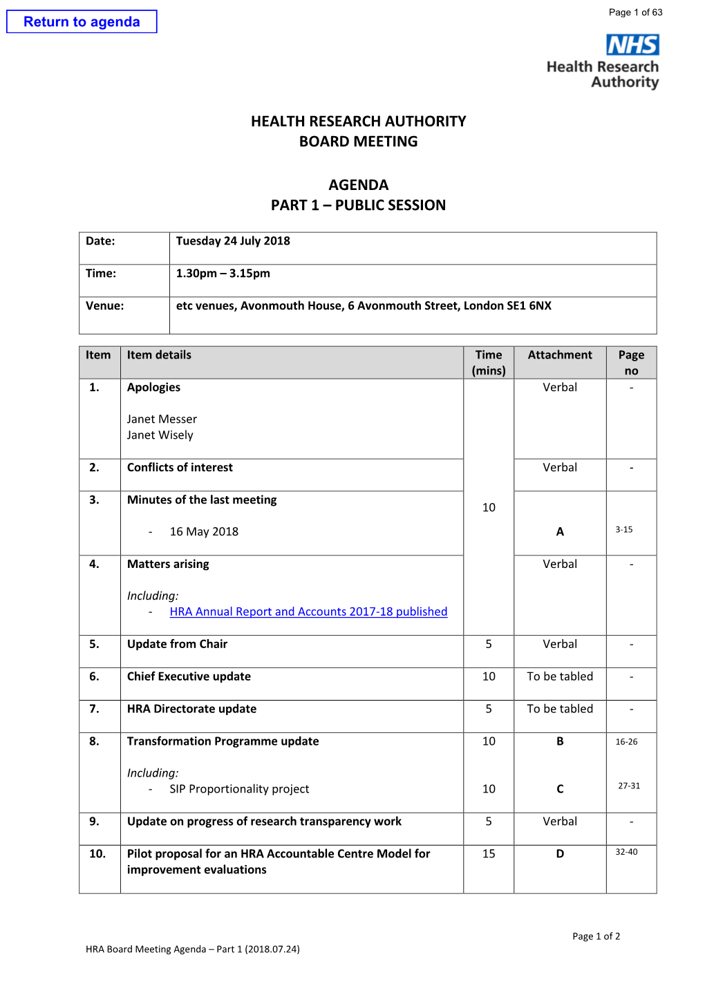 Health Research Authority Board Meeting Agenda Part 1 – Public Session