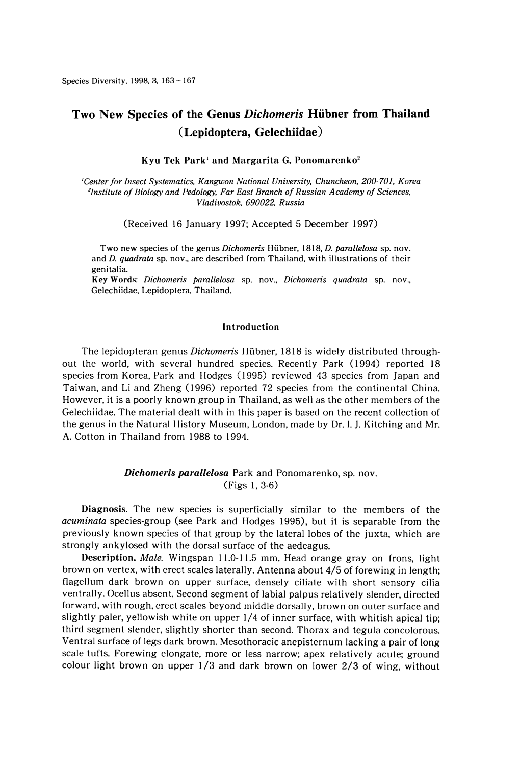 Two New Species of the Genus Dichomeris Hubner from Thailand (Lepidoptera, Gelechiidae)