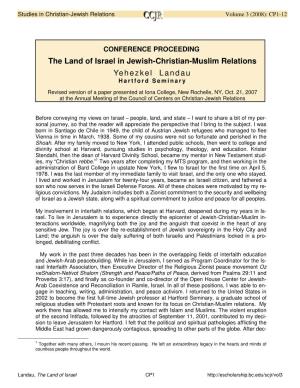 The Land of Israel in Jewish-Christian-Muslim Relations Yehezkel Landau Hartford Seminary Revised Version of a Paper Presented at Iona College, New Rochelle, NY, Oct