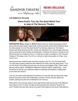 Diana Krall's Turn up the Quiet World Tour to Stop at the Hanover Theatre