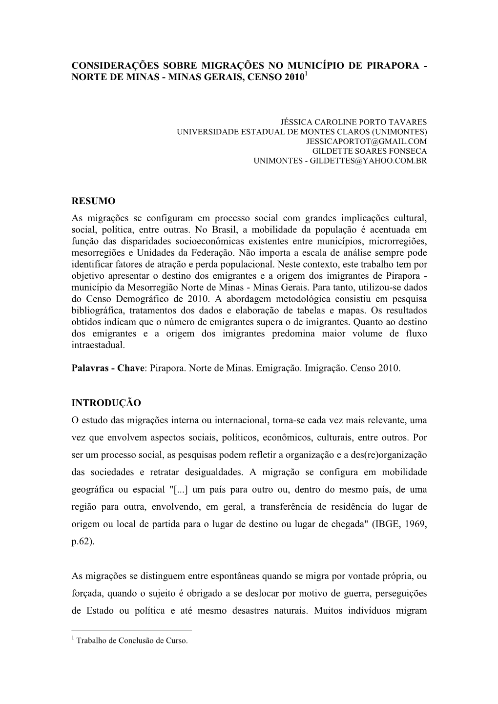 Considerações Sobre Migrações No Município De Pirapora - Norte De Minas - Minas Gerais, Censo 20101