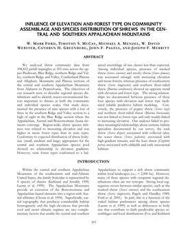 Influence of Elevation and Forest Type on Community Assemblage and Species Distribution of Shrews in Thethe Cecen-N- Tral and Southern Appalachian Mountains