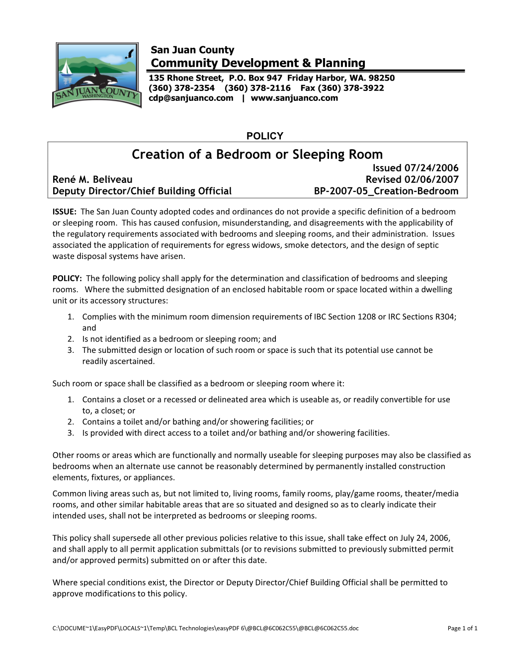 Creation of a Bedroom Or Sleeping Room Issued 07/24/2006 René M