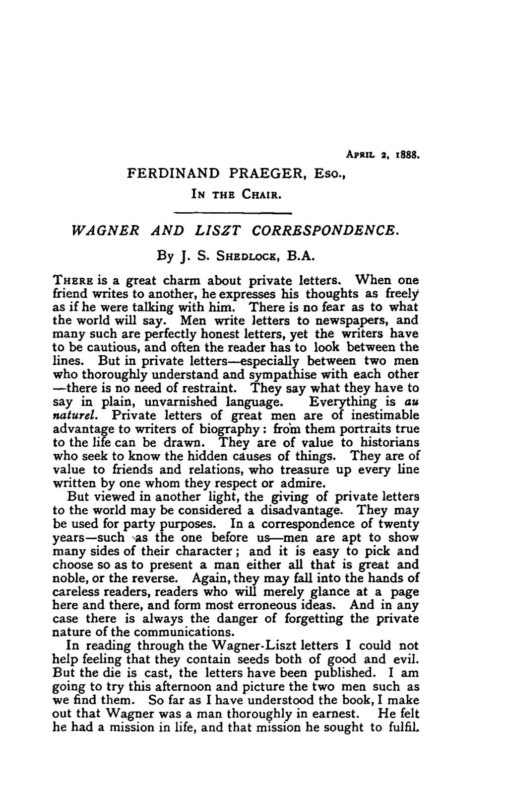 Ferdinand Praeger, Esq., Wagner and Liszt