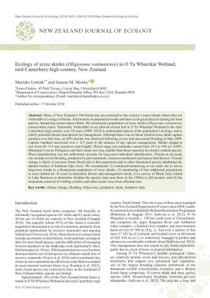 Ecology of Scree Skinks (Oligosoma Waimatense) in O Tu Wharekai Wetland, Mid-Canterbury High Country, New Zealand