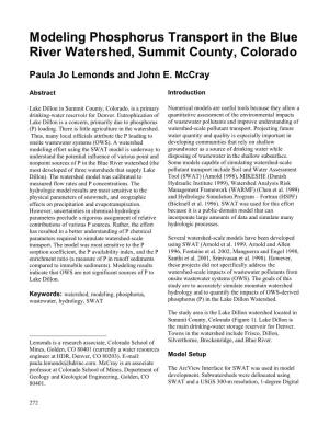Modeling Phosphorus Transport in the Blue River Watershed, Summit County, Colorado