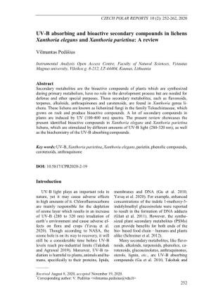 UV-B Absorbing and Bioactive Secondary Compounds in Lichens Xanthoria Elegans and Xanthoria Parietina: a Review