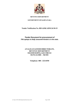 Tender Notification No. RD/AJSK/ADM-26/18-19 Tender Document for Procurement of ATALJI JANASNEHI DIRECTORATE, REVENUE DEPARTMENT