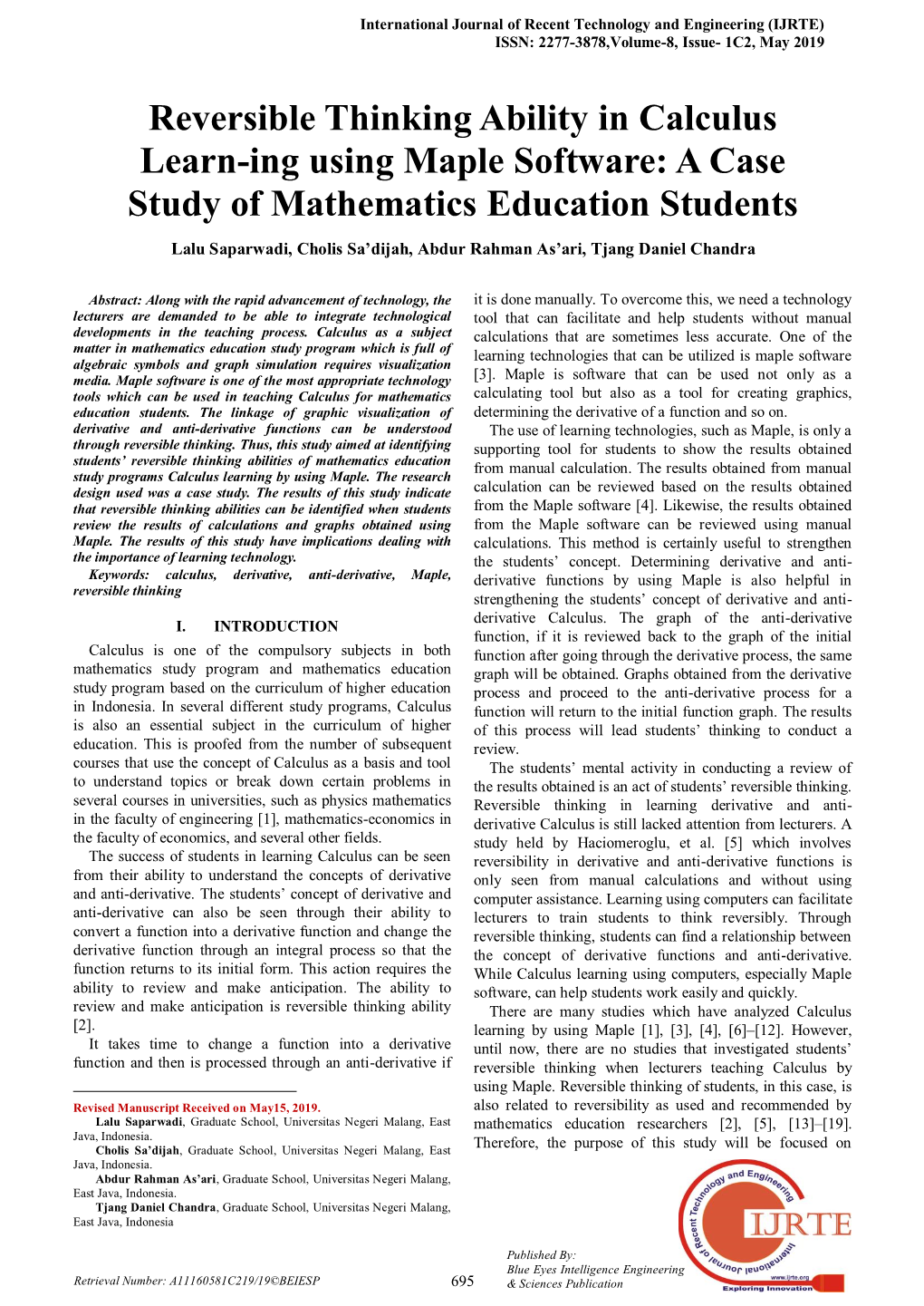 Reversible Thinking Ability in Calculus Learn-Ing Using Maple Software: a Case Study of Mathematics Education Students