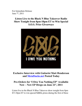 Black N Blue Takeover Radio Show Tonight from 8Pm-10Pm ET to Win Special S.O.S