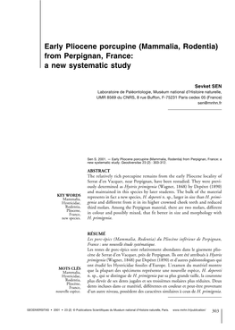 Early Pliocene Porcupine (Mammalia, Rodentia) from Perpignan, France: a New Systematic Study