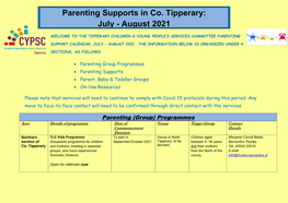 August 2021 WELCOME to the TIPPERARY CHILDREN & YOUNG PEOPLE’S SERVICES COMMITTEE PARENTING SUPPORT CALENDAR, JULY – AUGUST 2021