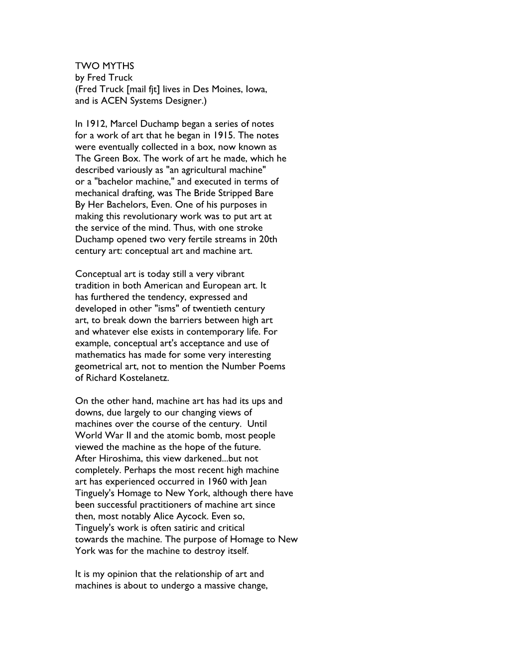 TWO MYTHS by Fred Truck (Fred Truck [Mail Fjt] Lives in Des Moines, Iowa, and Is ACEN Systems Designer.)