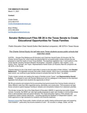Senator Bettencourt Files SB 28 in the Texas Senate to Create Educational Opportunities for Texas Families