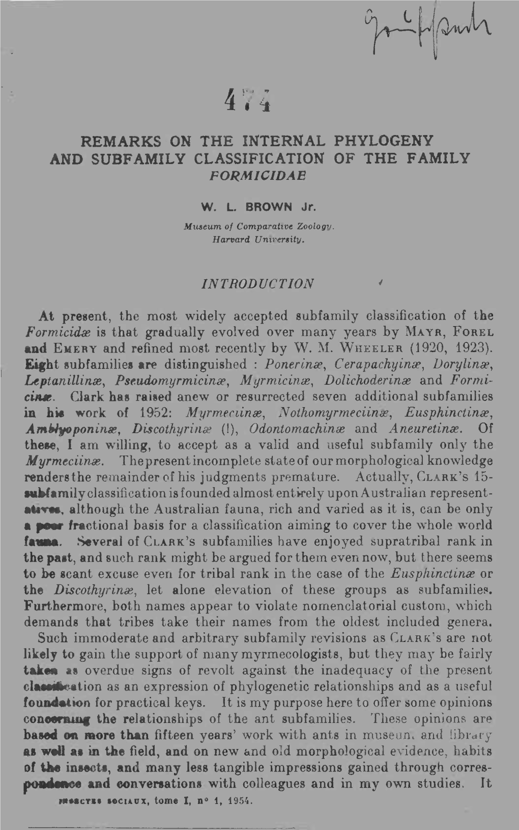 Remarks on the Internal Phylogeny and Subfamily Classification of the Family Formicidae