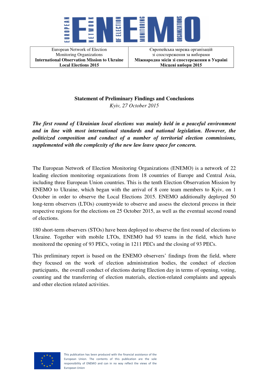 Statement of Preliminary Findings and Conclusions Kyiv, 27 October 2015