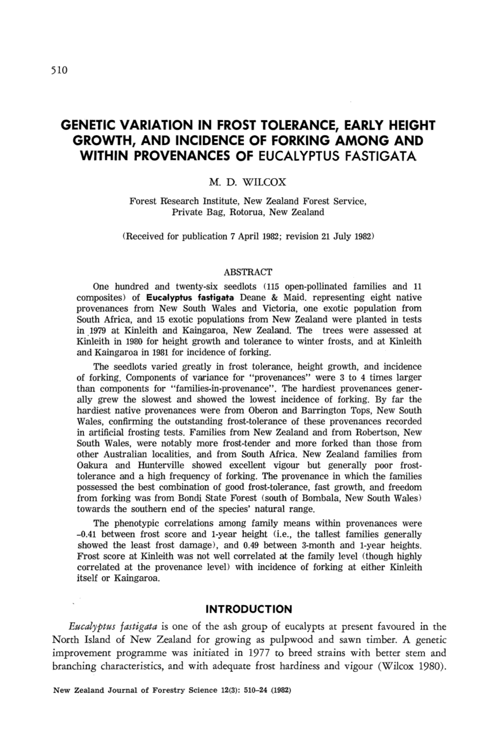 Genetic Variation in Frost Tolerance, Early Height Growth, and Incidence of Forking Among and Within Provenances of Eucalyptus Fastigata